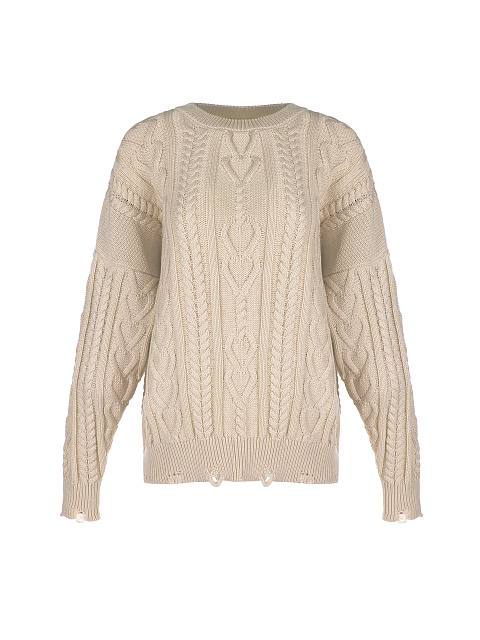 Beige Distressed Cable Knit Sweater, 1