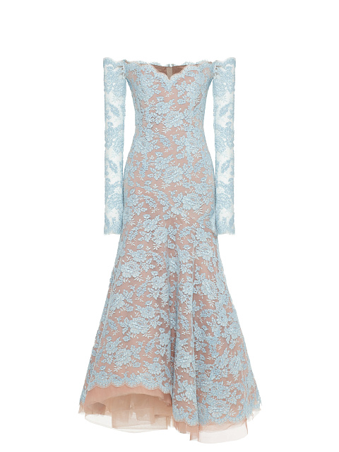 Off The Shoulder Blue Lace Midi Dress, 1