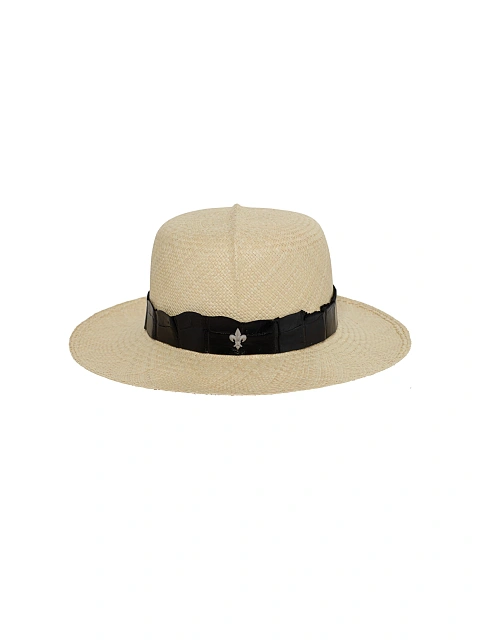 Black Crocodile Leather Trimmed Lily Straw Hat, 2