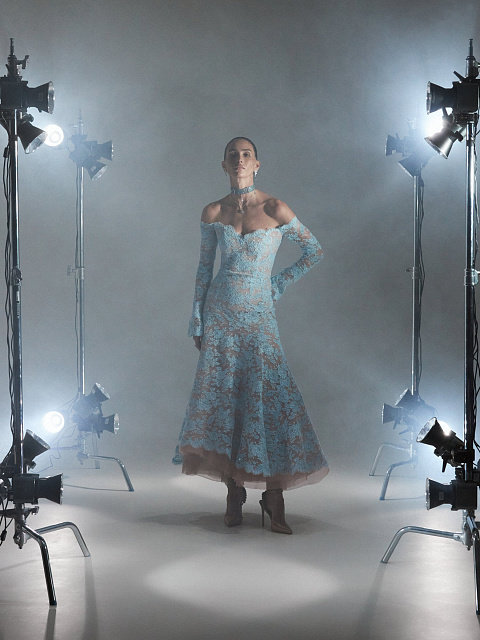 Off The Shoulder Blue Lace Midi Dress, 5