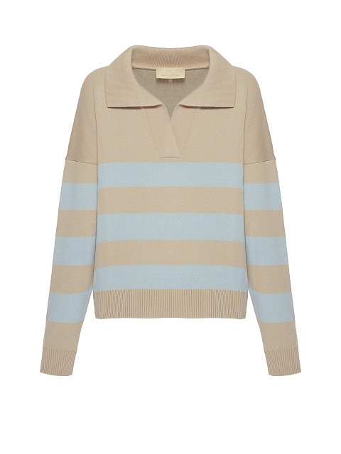 Beige & Blue Striped Cotton Pullover, 1