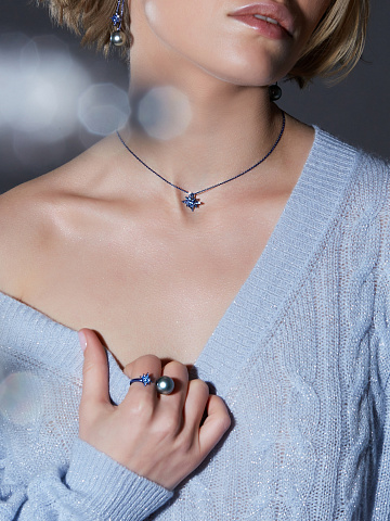 Blue Round Sapphire, Pearl & Black Gold Ring, 2