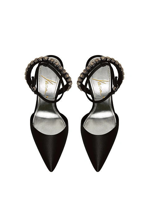 Black satin pumps with pointed toe and rhinestones, 4