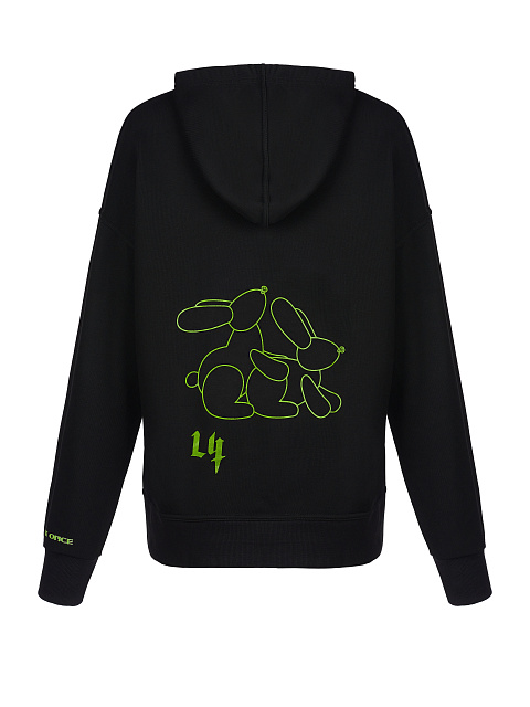 Neon Green Back Printed Black Cotton Hoodie, 1