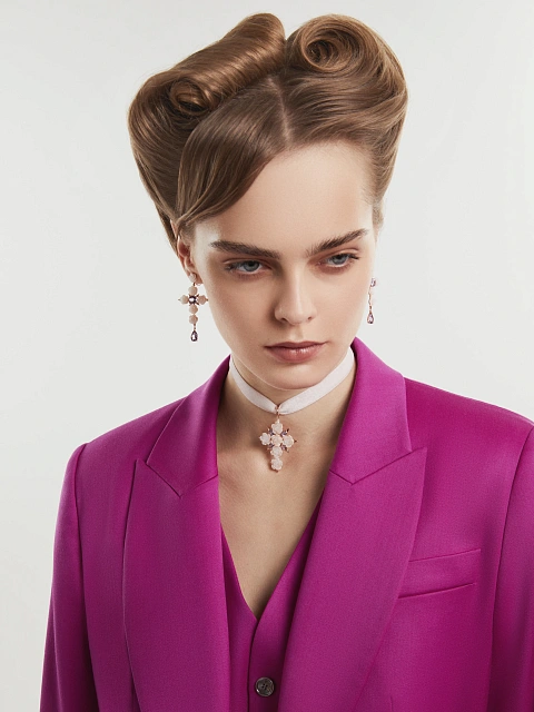 Rose Gold, Rose-cut Mother-of-Pearl & Amethyst Earrings, 2 Rose Gold, Rose-cut Mother-of-Pearl & Amethyst Earrings, 2