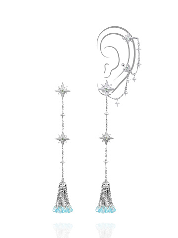 Briolette Topaz Sky Blue & Round Topaz Sky Blue & White Gold Tassel Earrings, 1