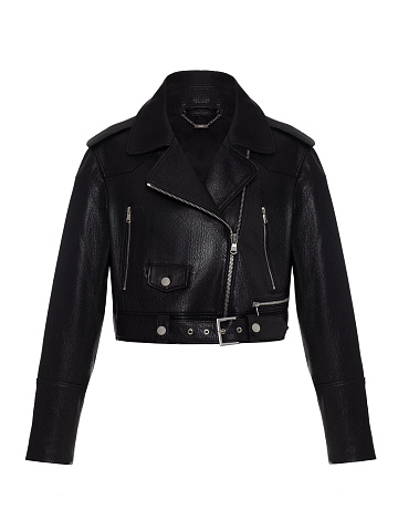 Black Cropped Leather Biker Jacket, 1