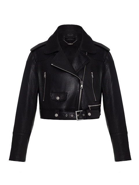 Black Cropped Leather Biker Jacket, 1