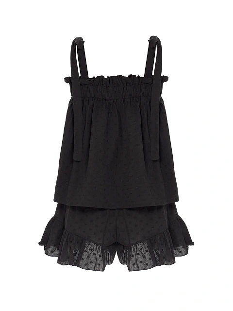 Black set with tie-front top and ruffled shorts, 2