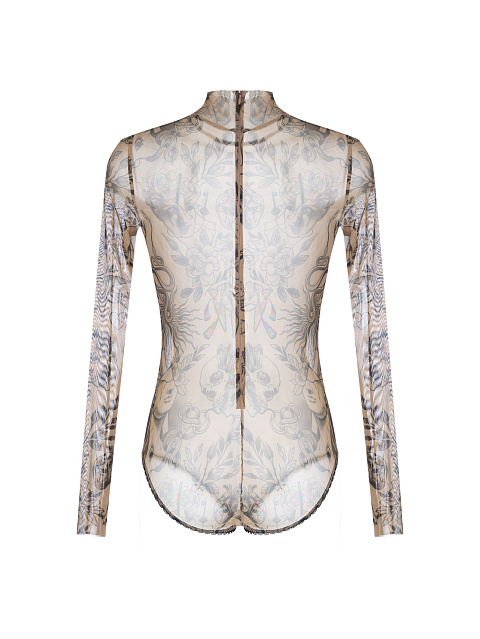 Beige Tattoo Printed Long Sleeve Bodysuit, 2