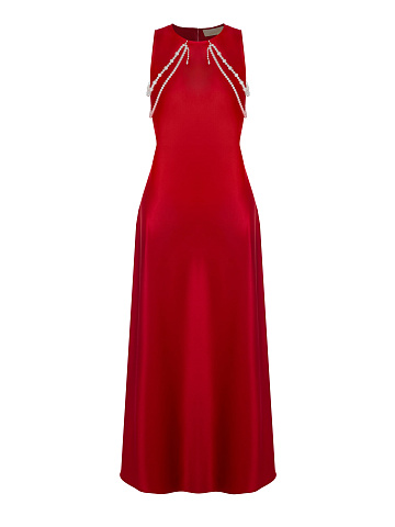 Red maxi dress with pearl strands, 1