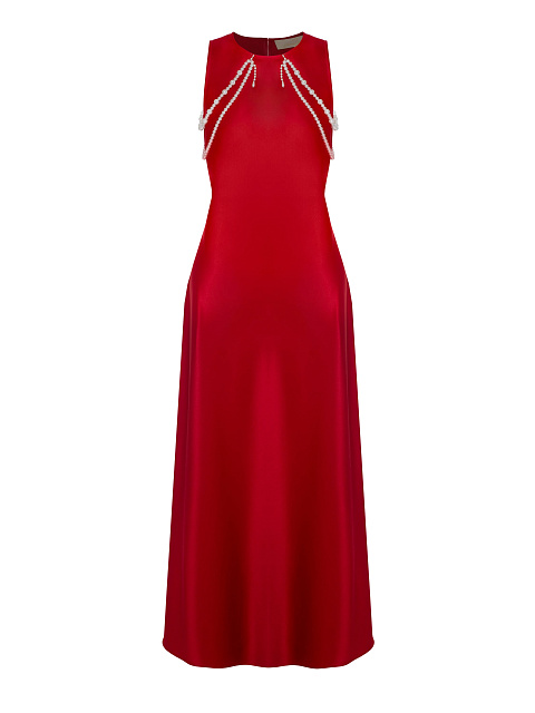 Red maxi dress with pearl strands, 1