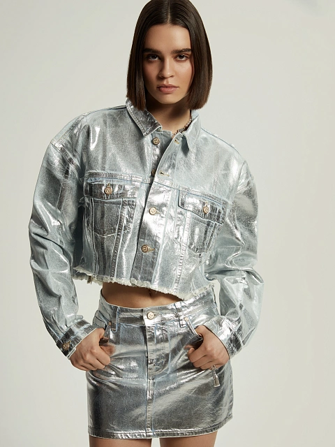 Silver Plated Light Blue Denim Mini Skirt, 5