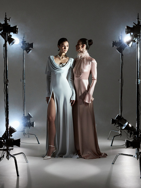 Grey Feathered & Draped Silk Maxi Dress, 3