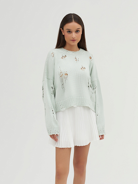 Mint Green Distressed Cropped Cotton Sweater, 4
