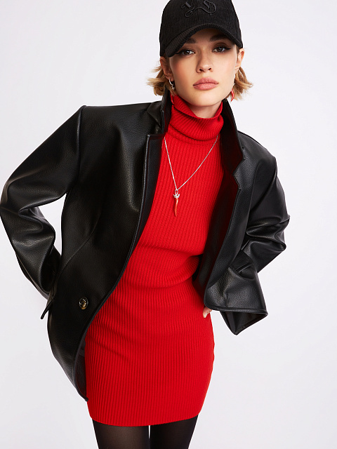 Red Rib Knit Turtleneck Mini Dress, 6