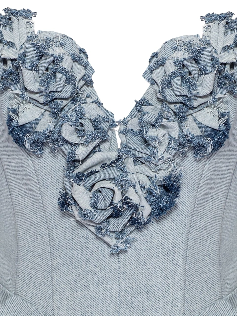 Light Blue Washed Denim Rose Mini Dress, 4
