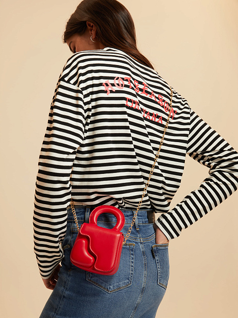 Black and white cotton striped top with red print, 7