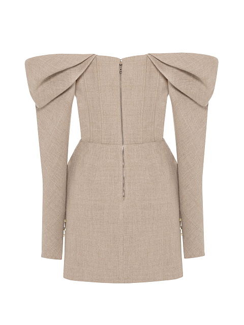 Beige Off Shoulder Linen Mini Dress, 2