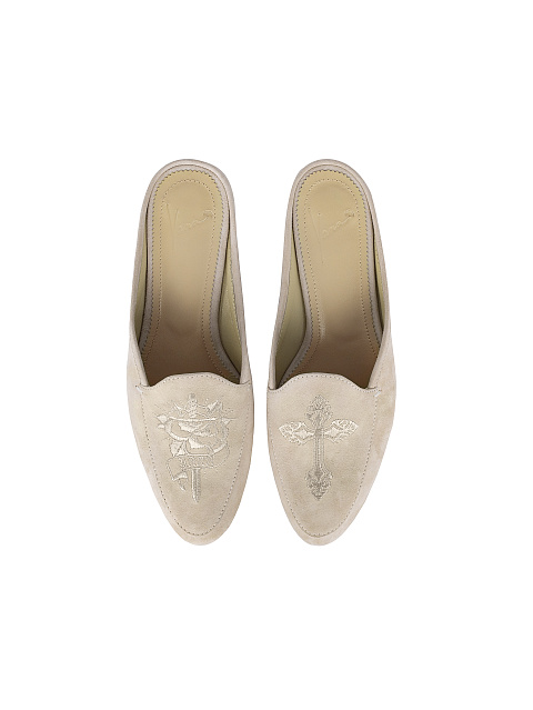 Embroidered Beige Suede Mules, 4