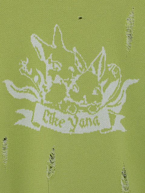 Neon Green Printed Distressed Cotton Sweater, 3