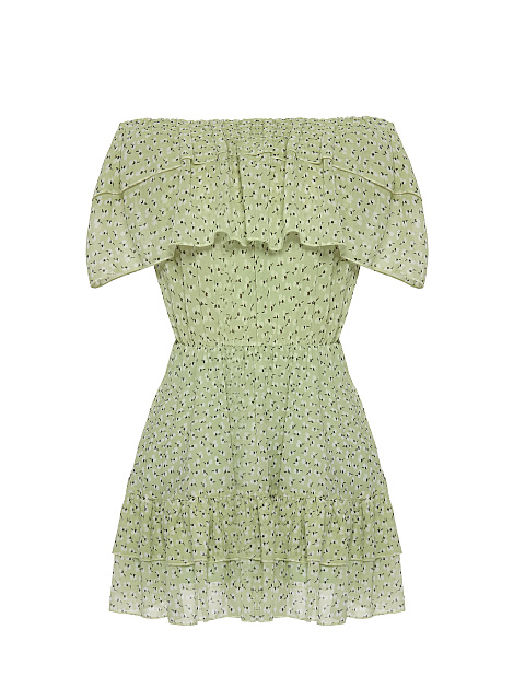Light Green Flower Printed Off Shoulder Mini Dress, 1
