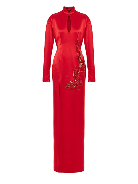 Red Silk Maxi Dress With Dragon Embroidery, 1 Red Silk Maxi Dress With Dragon Embroidery, 1