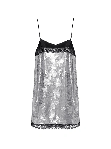 Silver Lace Trim Sequin Mini Dress, 2