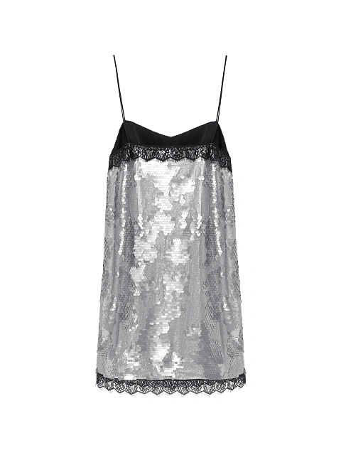 Silver Lace Trim Sequin Mini Dress, 2