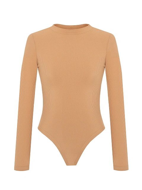 Dark Beige Ribbed Cotton L/S Round Neck Bodysuit, 1 Dark Beige Ribbed Cotton L/S Round Neck Bodysuit, 1