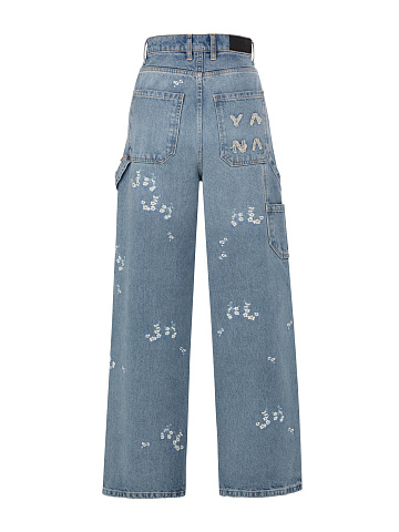 Wide Leg Blue Jeans With Floral Embroidery, 2