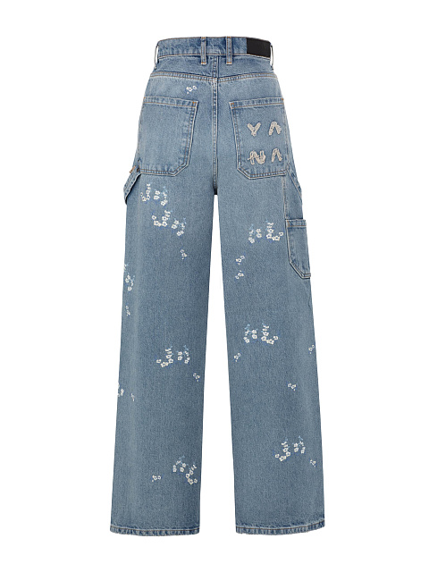 Wide Leg Blue Jeans With Floral Embroidery, 2