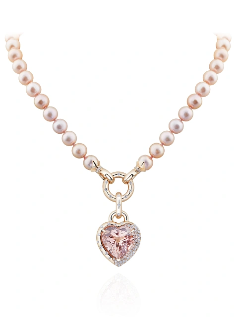 Rose gold necklace with pearls and heart-shaped morganite pendant, 1