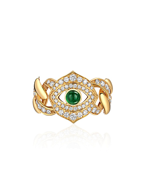 Yellow gold ring with emerald and diamonds, 1