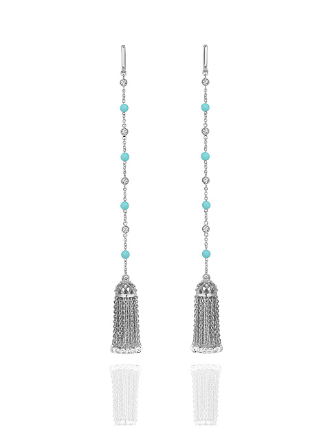 Briolette Diamond & Bead Turquoise & White Gold Tassel Earrings, 1