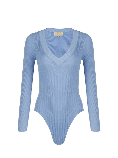 Sky Blue Ribbed Cotton V-Neck Bodysuit, 1