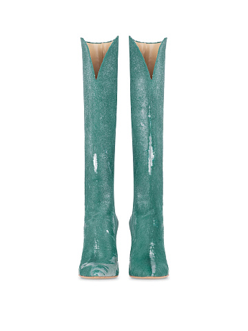 Silver & Turquiose Pony Fur Heeled Tall Boots, 2