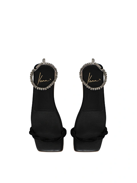 Black Rhinestones Leather Sandals, 4