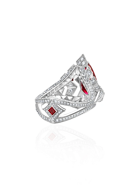Pear Pigeon Blood Ruby, Round Diamond & White Gold Ring, 4