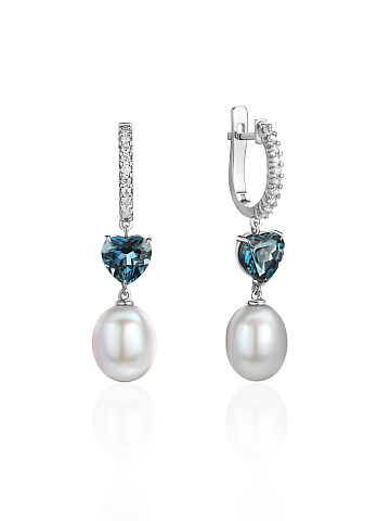 White gold earrings with heart-cut topaz and gray pearls, 1