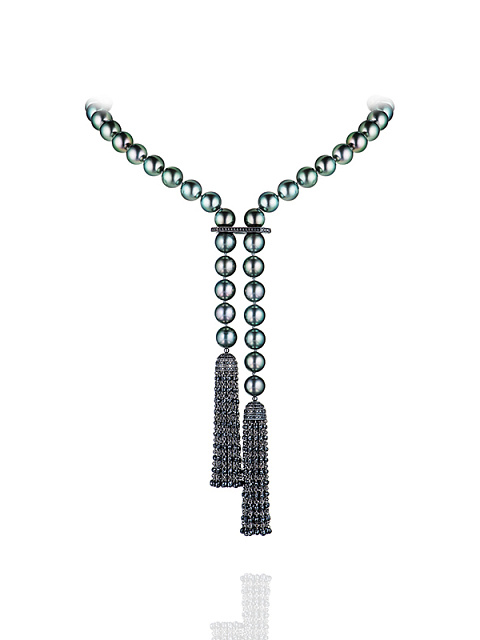 Black Gold Pearl & Diamond Tassel Necklace, 1