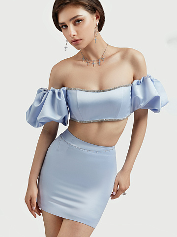 Light Blue Rhinestones Trimmed Satin Top, 2