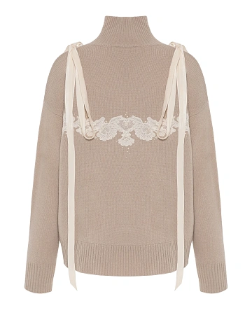 Beige cashmere sweater with lace and ribbons, 2