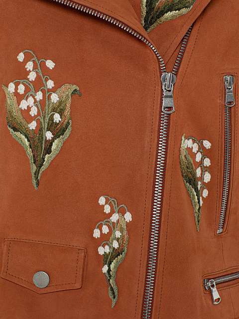 Brown Leather Jacket With Lily Of The Valley Embroidery, 3