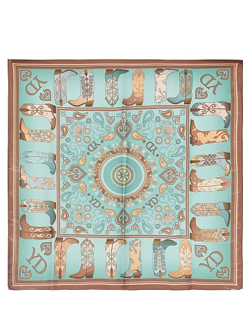 Blue & Brown Western Print Silk Scarf, 1