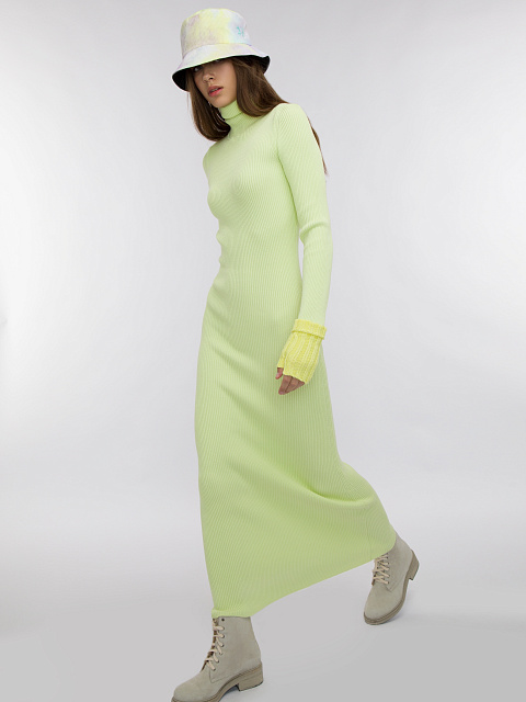 Neon Green Rib Knit Turtleneck Maxi Dress, 6