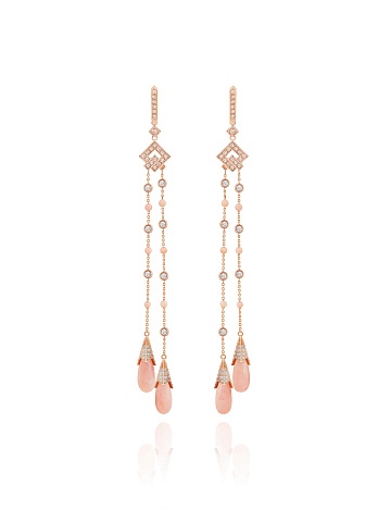 Long rose gold earrings with opal, coral and topazes, 1