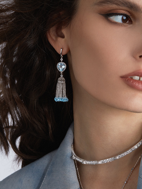 2 Heart Topaz Sky & Briolette Topaz Sky & White Gold Tassel Earrings, 2