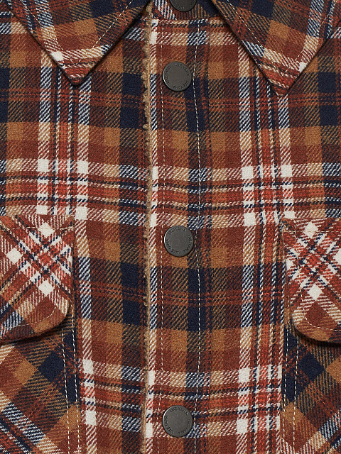 Brown Checked Cropped Faux Fur Lined Shirt, 3