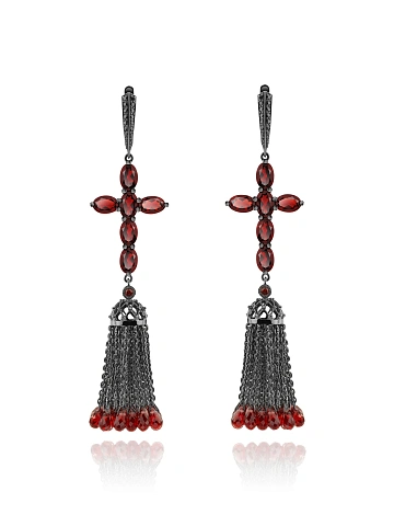 Tassel earrings with crosses in blackened gold with garnets, 1